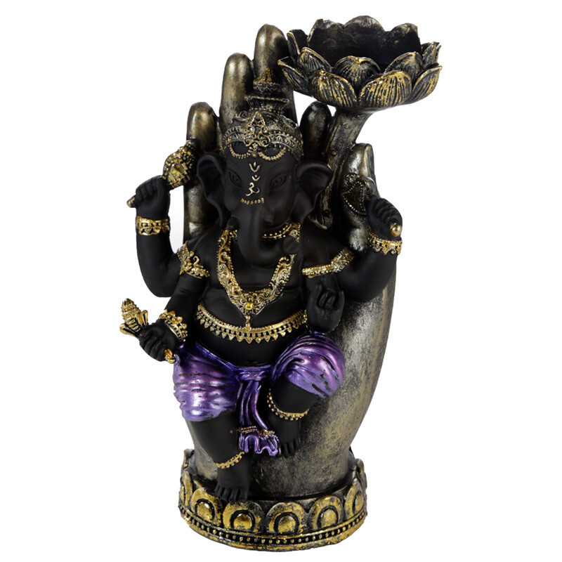 Decorative Purple, Gold & Black Ganesh - Lotus Tea Light Holder GAN12