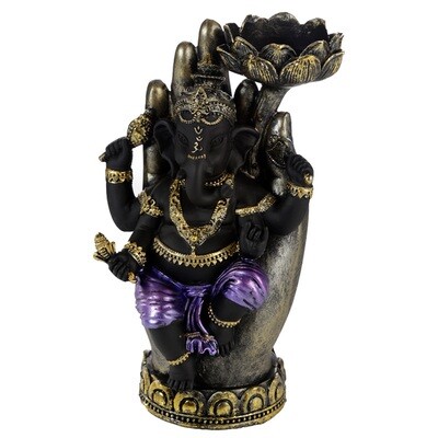 Decorative Purple, Gold & Black Ganesh - Lotus Tea Light Holder GAN12