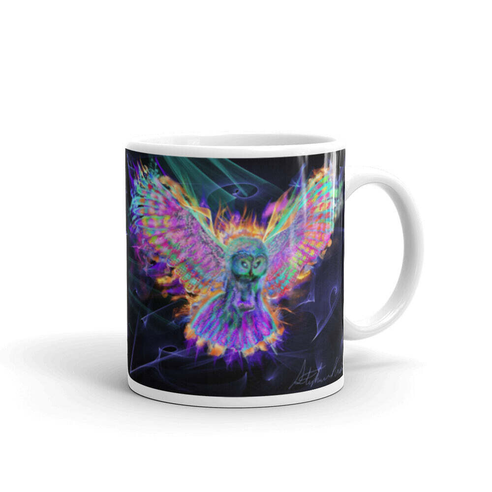 Psychedelic Owl White glossy mug