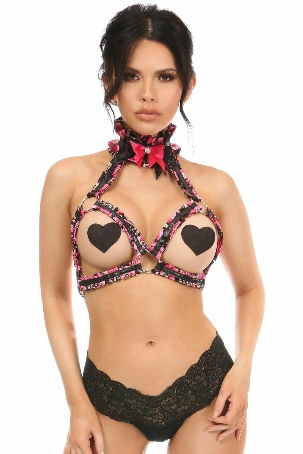Kitten Collection Pink Floral Satin Triangle Top Body Harness