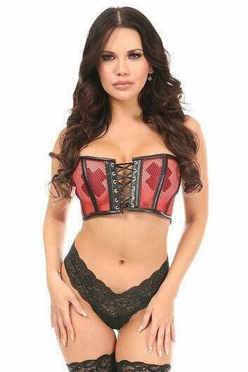 Lavish Red Fishnet & Faux Leather Lace-Up Short Bustier Top