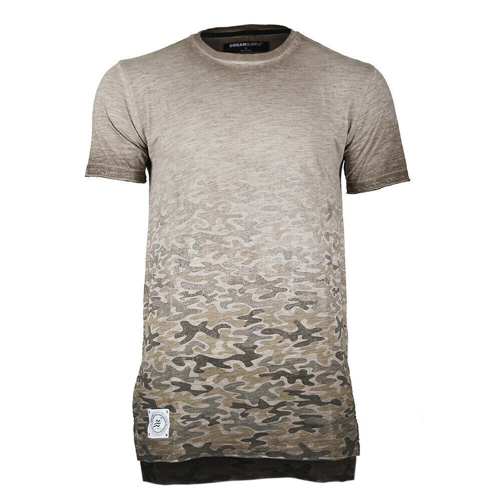 Men's Short Sleeve Camouflage Longline Side Slit Oil Wash T-shirts BROWN
