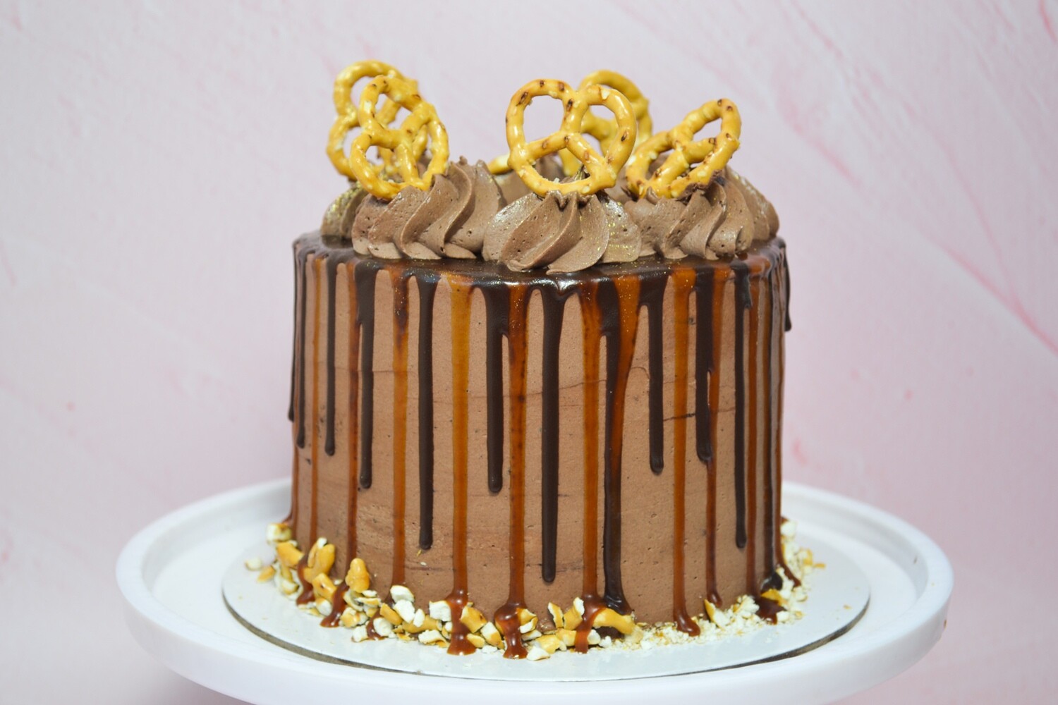 Chocolate caramel pretzel cake