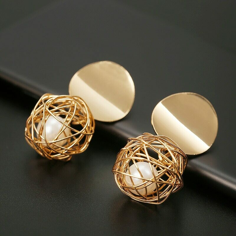 New Fashion Stud Earrings For Women Golden Color Round Ball Geometric Earrings For Party Wedding Gift  Ear Jewelry