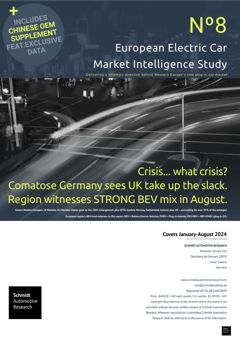 Edition No. 8 2024 European Electric Car Study –Crisis... what crisis? Comatose Germany sees UK take up the slack. The region witnesses STRONG BEV mix in August.