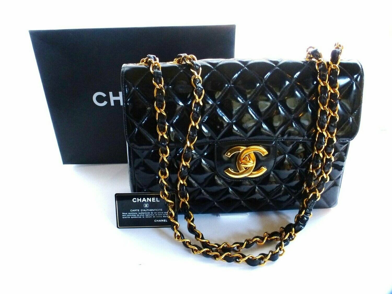 VINTAGE CHANEL TASCHE JUMBO IN LACK LEDER 30x20x5cm