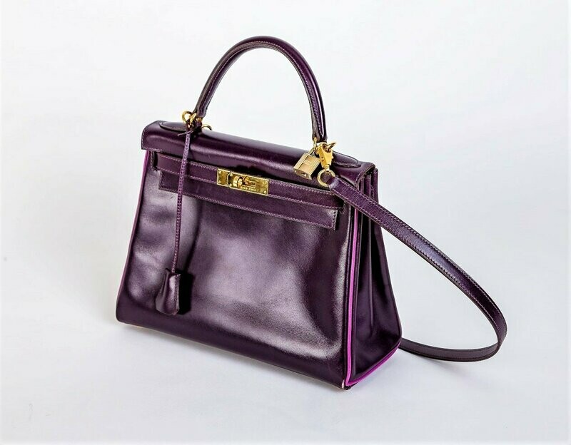 VINTAGE HERMES KELLY 2 way BAG  RETOURNE 28 cm in purpel/ pink boxcalf