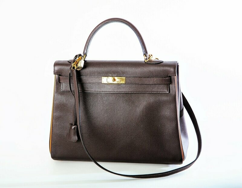 VINTAGE HERMES KELLY BAG 35 CM , EPSON LEDER in braun mit orange Leder Fütterung inside. Sonderedition