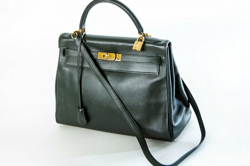 HERMES KELLY 2 way  BAG RETOURNE 32 Box calf, veau Swift vert anglai E im Quadrat - 1999