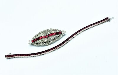 Vintage Deko Brosche und rotes Tennisarmband Silber, 40ger Jahre USA