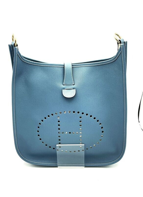 VINTAGE HERMÉS SCHULTER TASCHE  " EVELYNE" GM Couchevel Leder, Farbe blue jeans , Blindstempel F = 2002