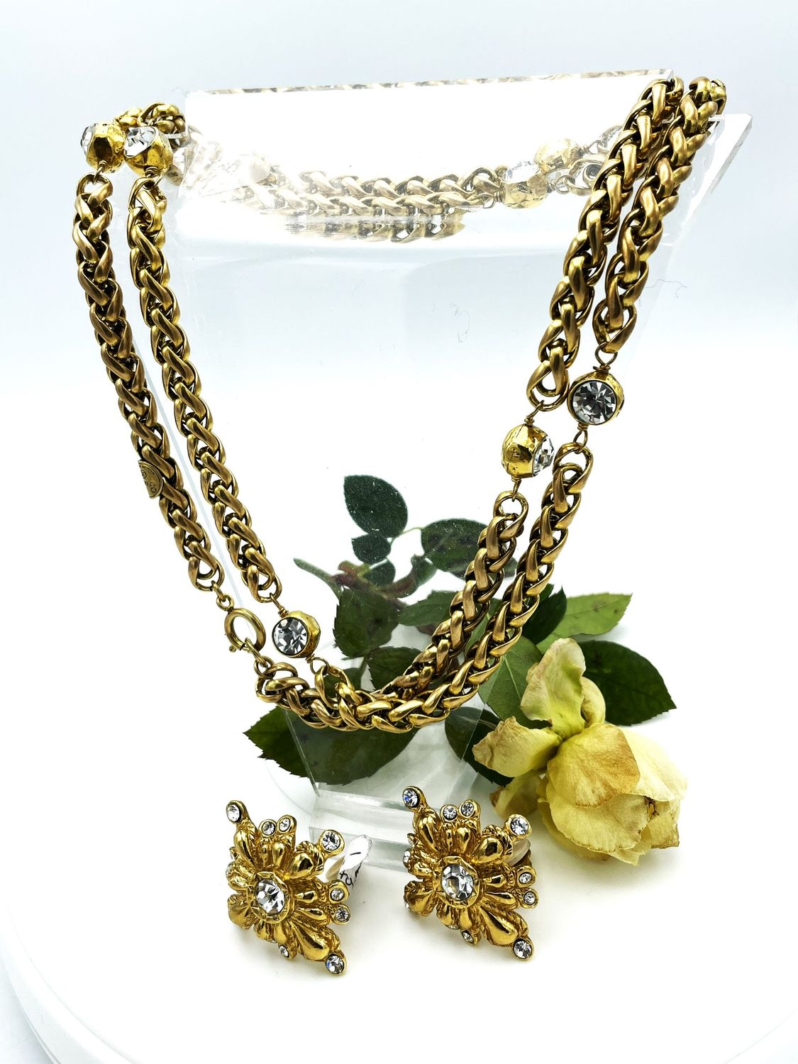 Frühe vintage Chanel Kette mit 7 Strass Kugeln, vergoldet, 1970/80ger Jahre