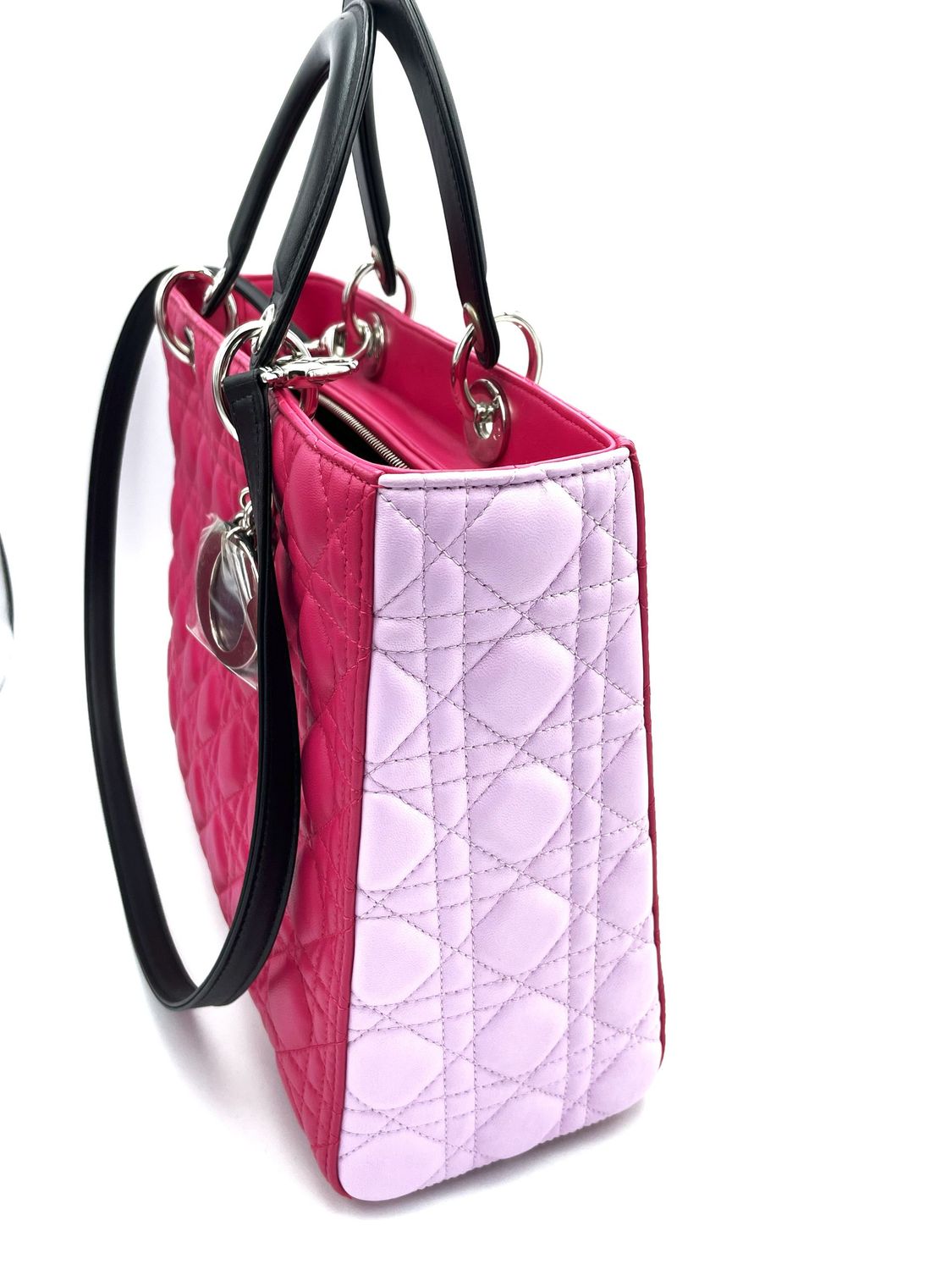 Vintage  large LADY DIOR Tasche, Kalbsleder in pink, lila und schwarz,  mit abnehmbaren  Tragegurt, 2014 Kaufdatum!
