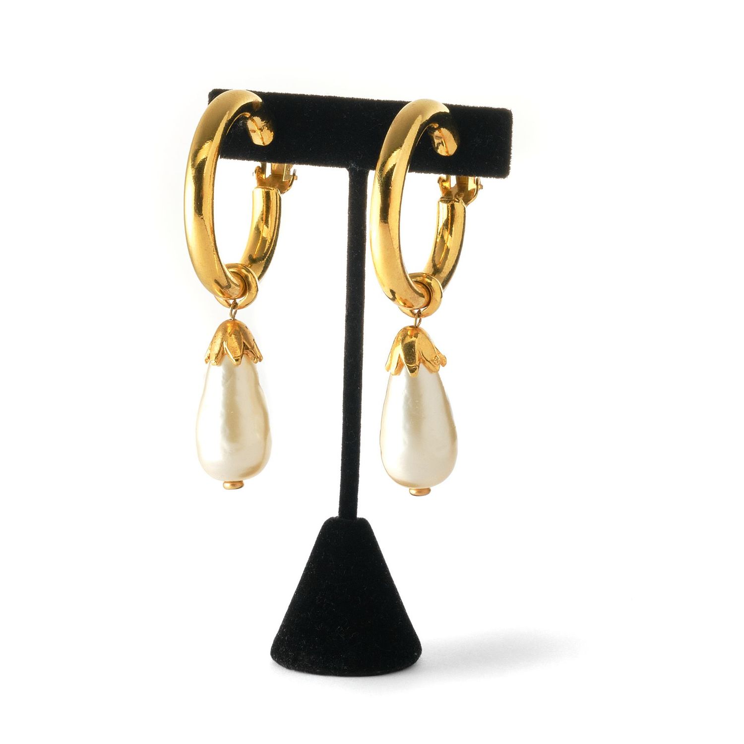 Chanel clip-on earring, larg creole hanging oval pearl drop, gold-plated Chanel clip-on earring, larg creole hanging oval pearl drop, gold-plated