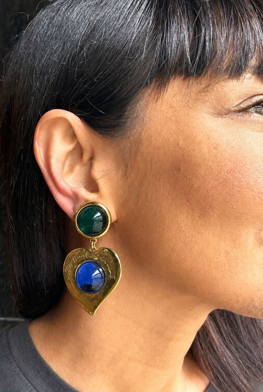 Vintage Yves Saint Laurent Ohrclip, grüne und blaue Strass Steine aus den 1980er Jahren