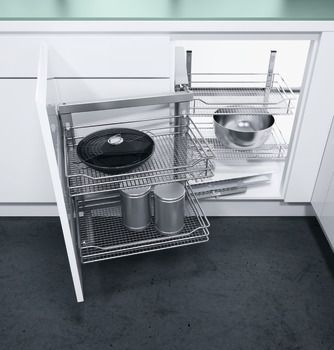 Swing Out Corner Storage, Saphir Mesh Chrome Wire Baskets, Vauth-Sagel VS COR Fold For cabinet width 900/1000 mm, for door width 450-600 mm, right hand