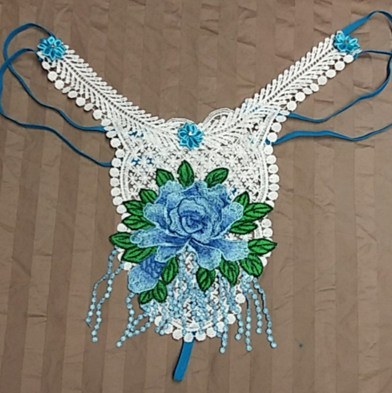&quot;Something Blue&quot; floral applique on white lace (3XL)