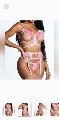 Pink Feathered Open Cup 3 Piece Lingerie Set (M)