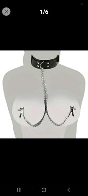 BDSM Black Leather Collar With Nipple Clamps Attached By Chains
