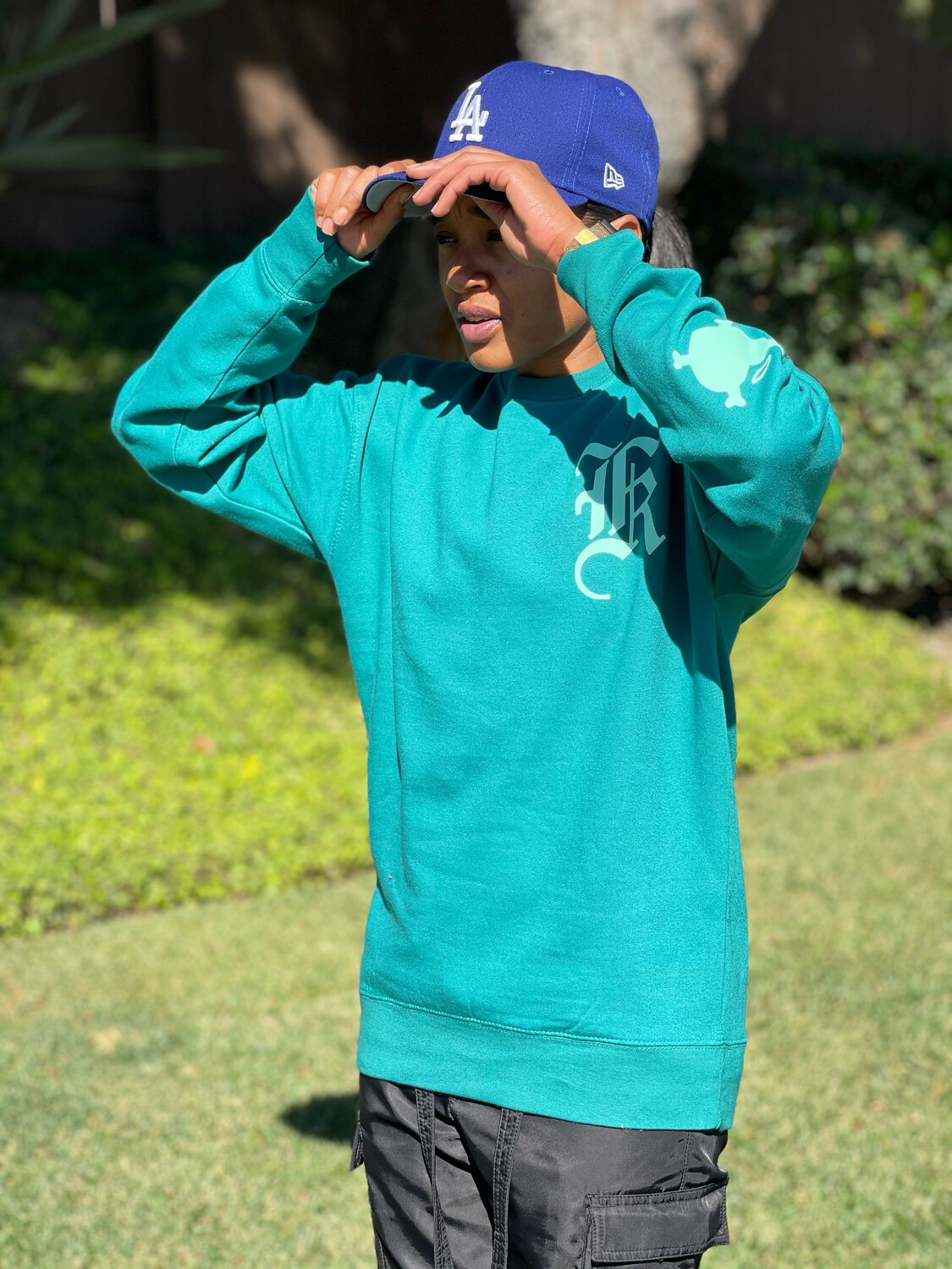Teal “LCA” Oversized Pullover Sweater