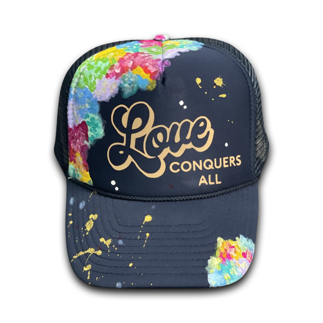 Navy Blue “Love Conquers All” Trucker Hat
