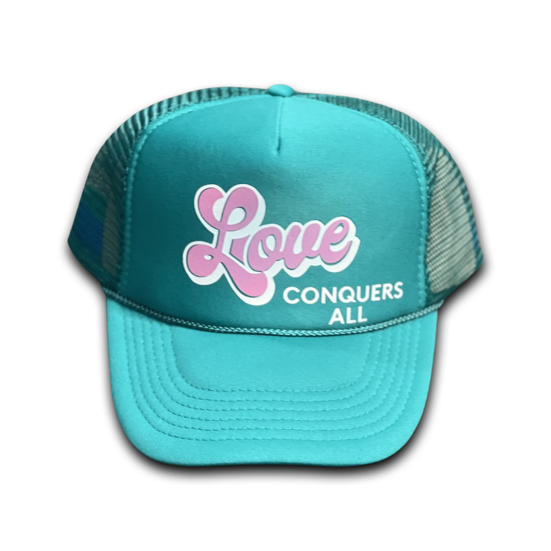 Turquoise/ Pink “Love Conquers All” Trucker Hat