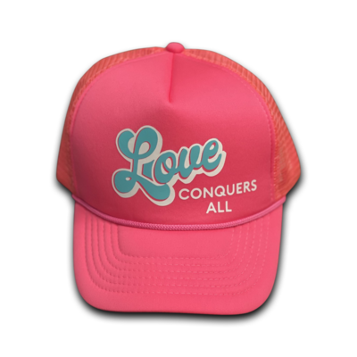 Neon Pink/ Turquoise “Love Conquers All” Trucker Hat