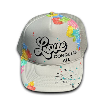 Grey “Love Conquers All” Trucker Hat