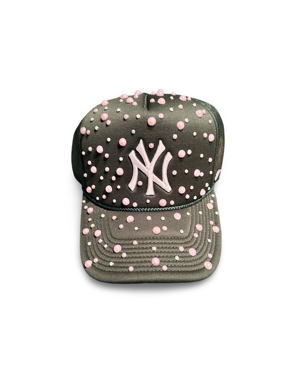 Dark Green Pink & Ivory Pearl ‘NY’ Trucker Hat