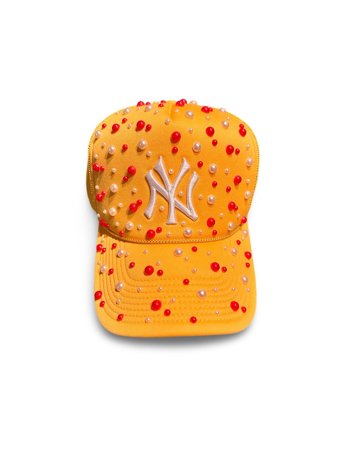 Yellow Red & Ivory Pearl ‘NY’ Trucker Hat