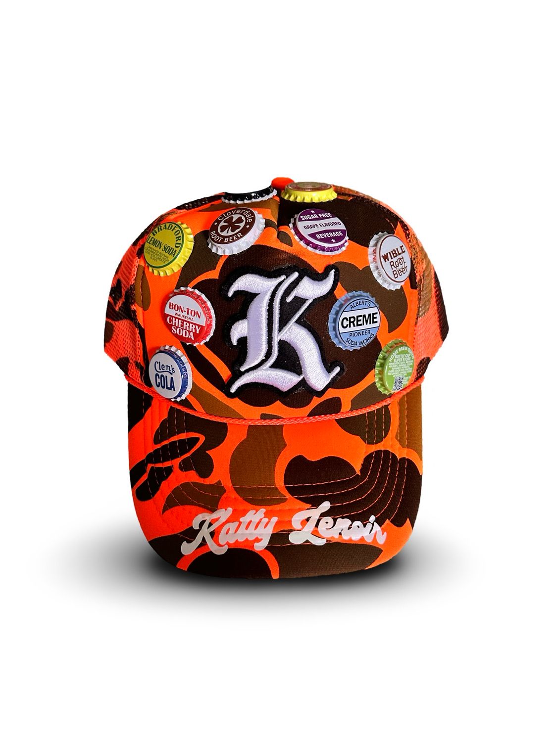 Orange Camo Vintage “K” Bottle Cap Trucker Hat