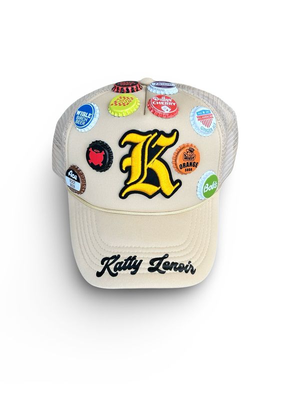 Tan & Yellow/ Gold“K” Bottle Cap Trucker Hat