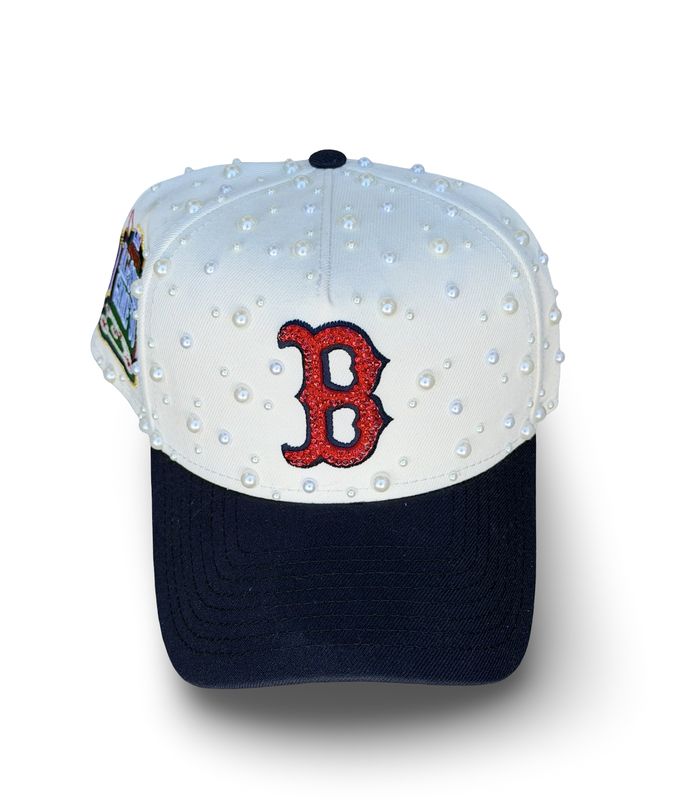 Custom Ivory/White Red & Navy Blue Boston Cap W/ Pearls & Crystals