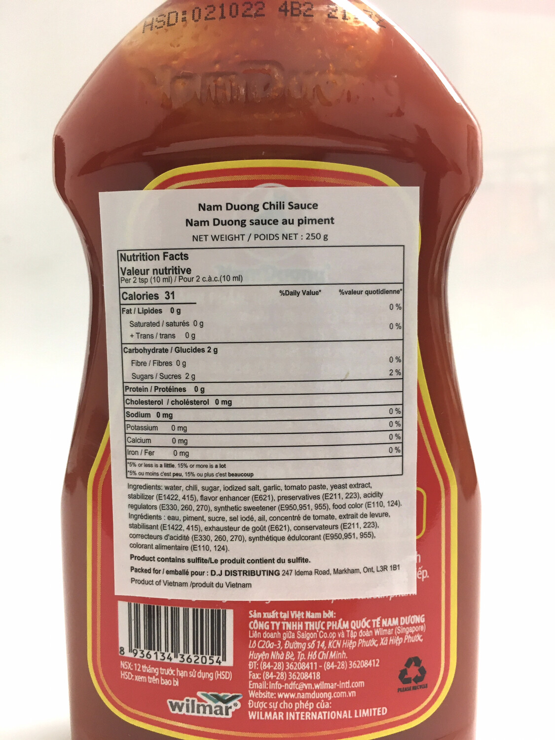 NAM DUONG HOT CHILI SAUCE 24X250G