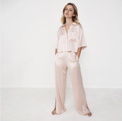 Washable 100% Silk High Rise Pant Set- Delicate Pink     Size S