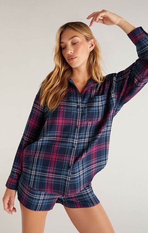 Zsupply Tri Color Plaid Button Up Plaid 2 Piece Short Set