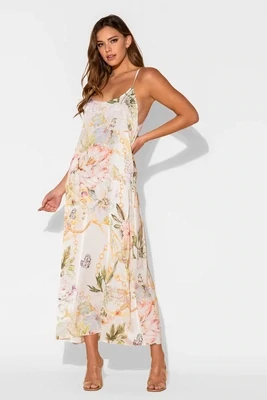 Luxurious Cream Florals and Butterflies Long Chemise Nightgown or Dress