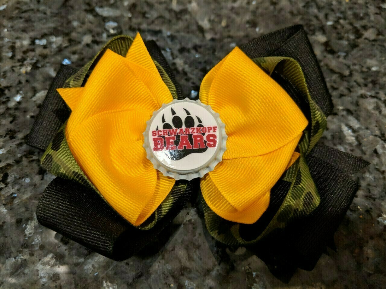 Bottle Cap Bow #4 Camo with yellow