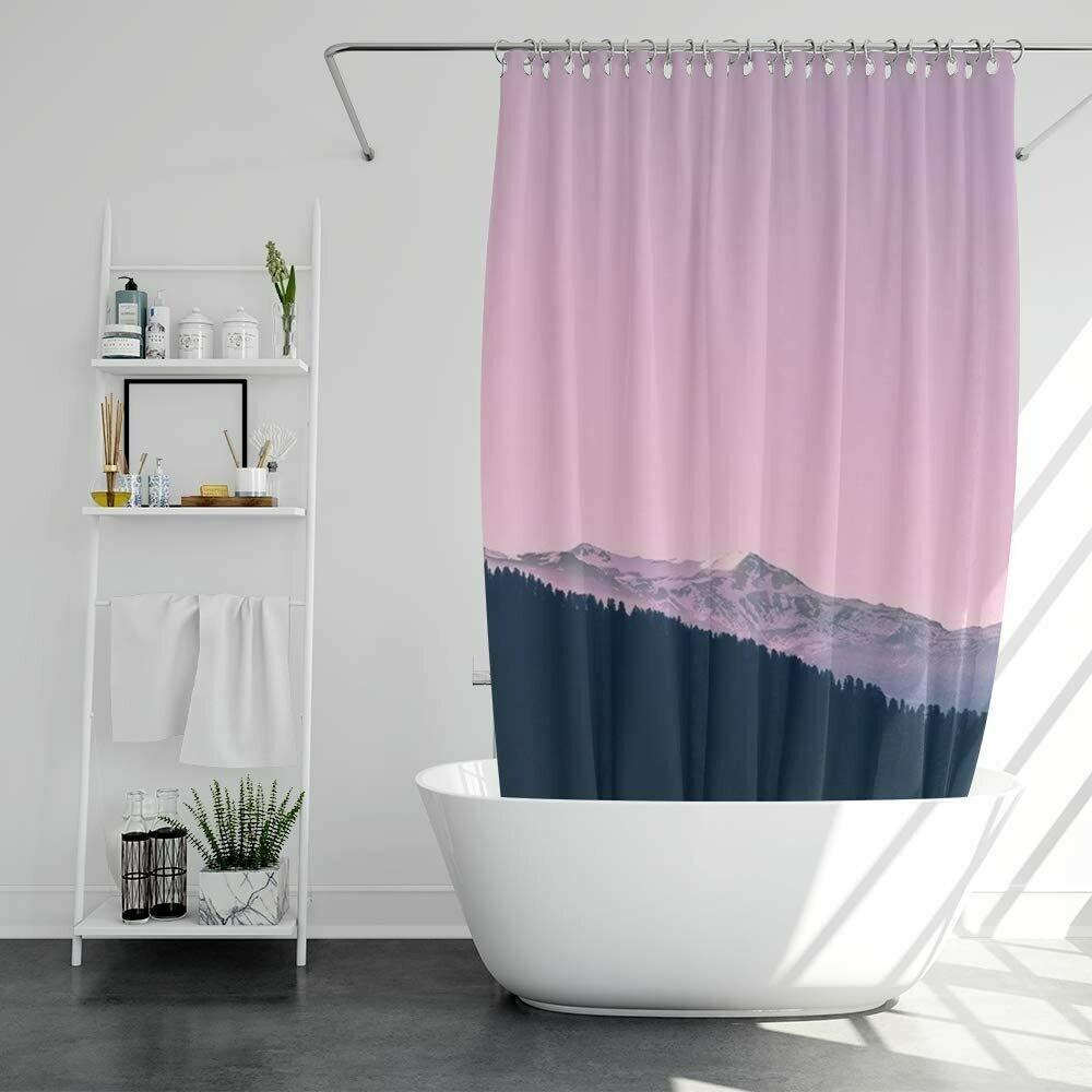 Mountains Curtains Shower Set - Shower Curtains for Bathroom - Polyester Shower Curtain with Shower Curtain Rings, Shower Caps and Sponge