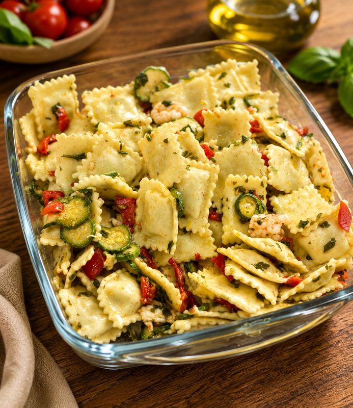 Ravioli di Pesce, dadolata di gamberoni e zucchini