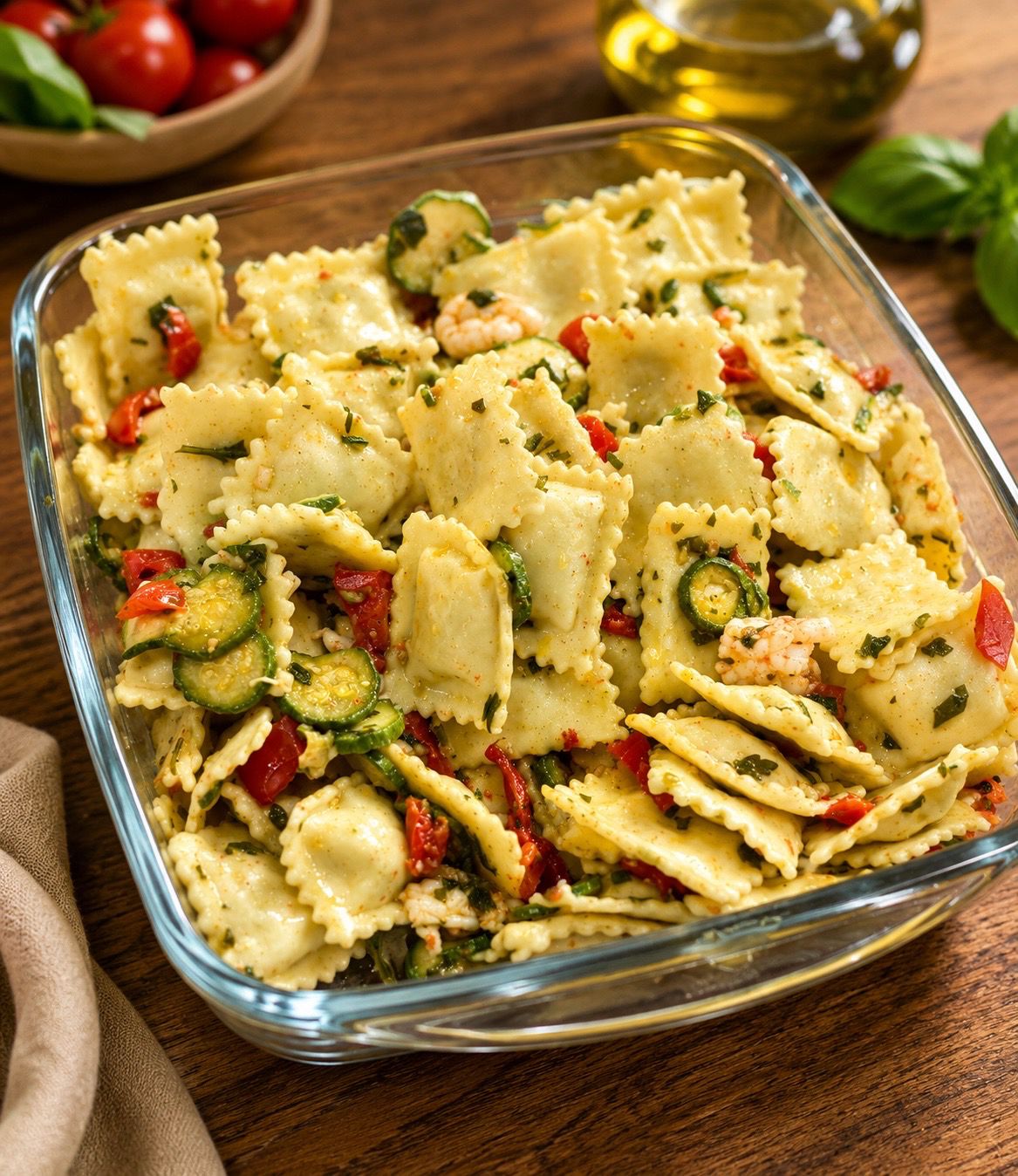 Ravioli di Pesce, dadolata di gamberoni e zucchini
