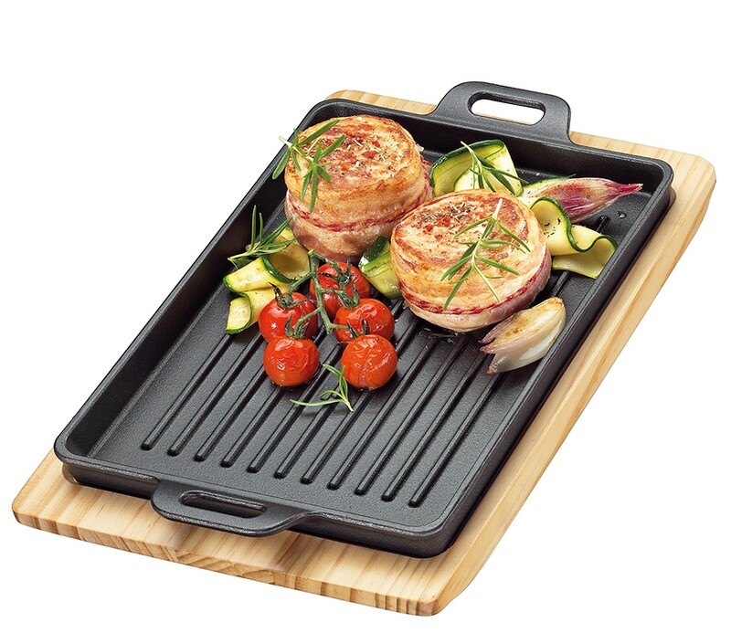 Küchenprofi - Piastra per grigliare/servire angolare con tavola di legno 32 x 22 cm