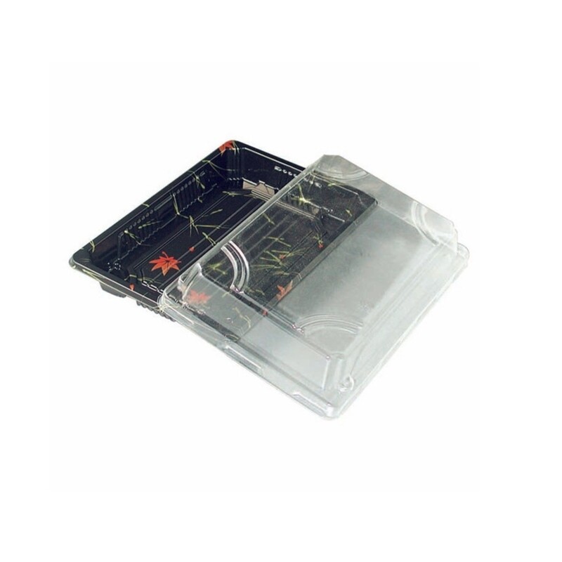 Firstpack - Black decorated PS sushi tray with clear lid 16,5x11,4x3,7 cm