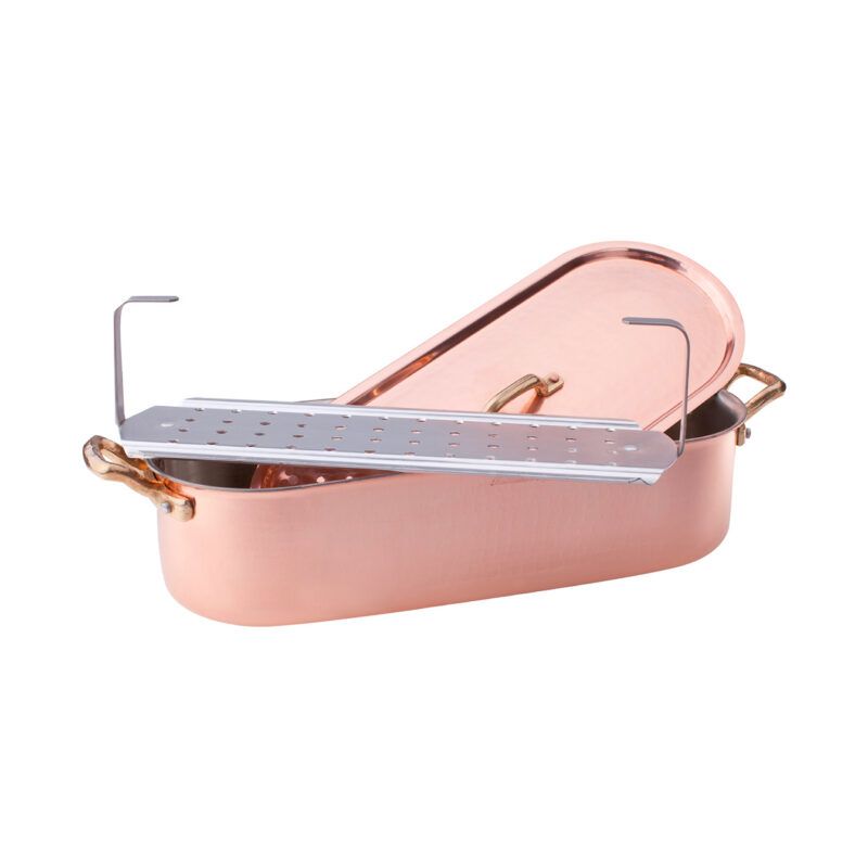 Agnelli - Fish Pan with Grill and Lid 40 x 10 cm Hammered Copper - 2 mm