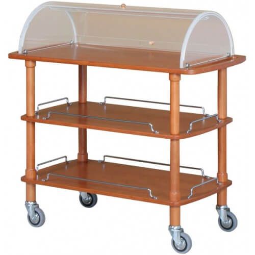 Forcar - Carrello di servizio in legno con cupola 3 piani 110 x 55 cm Noce