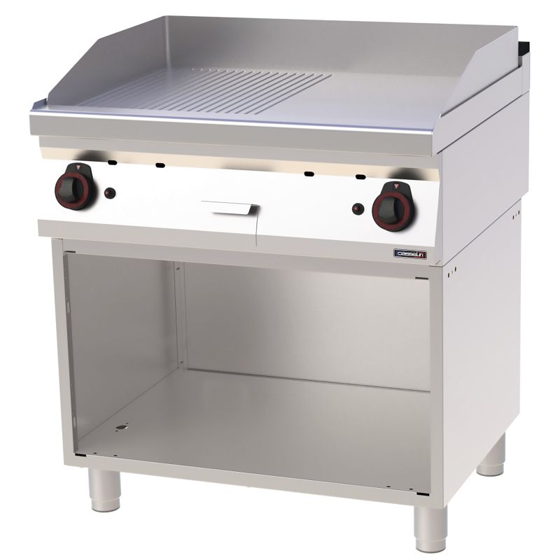 Casselin - Cast iron gas fry top with smooth and ribbed surfaces on a cabinet 80