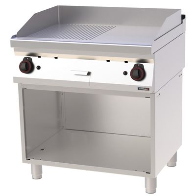 Casselin - Gas-Bratplatte aus Gusseisen mit glatten und gerippten Oberflächen auf einem Unterschrank 80