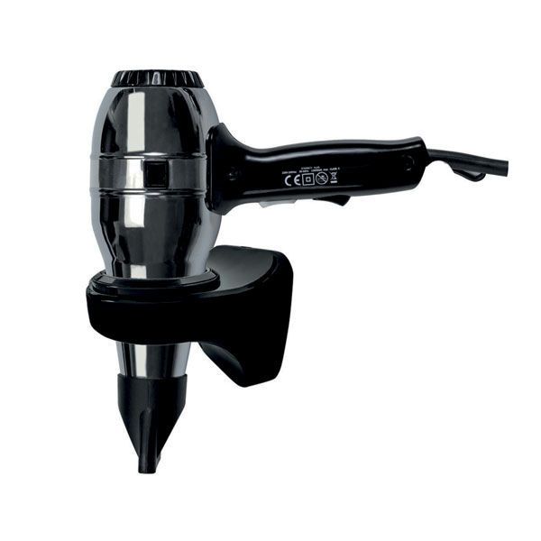 Black Yul Pro wall hair dryer Medial with base and button, ideal for hotel use.