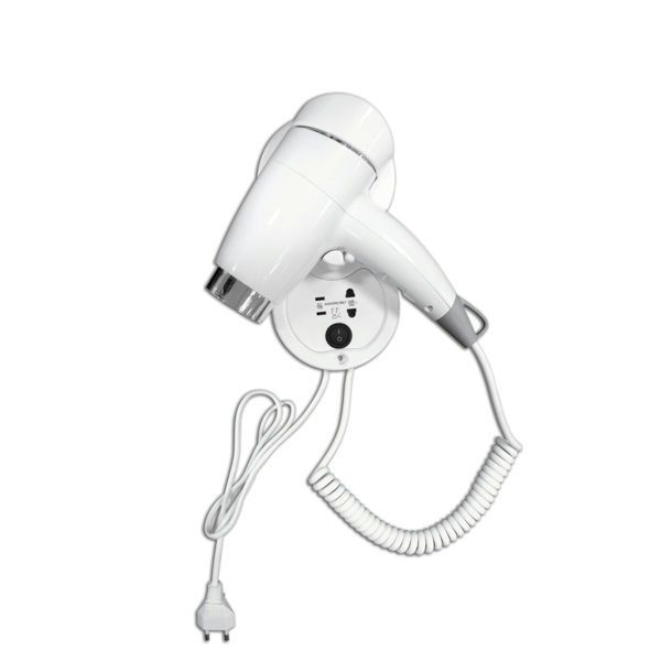 Phonette asciugacapelli pistola con base muro e presa rasoio, 1200W, cavo spiralato 90 cm, per uso alberghiero.
