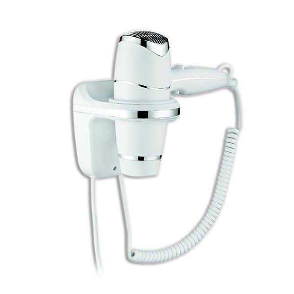 Yul Comfort asciugacapelli con supporto murale ABS bianco cromato, 1800W, 3 livelli calore/velocità, pulsante a rilascio.